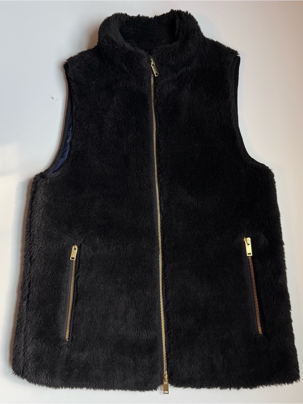 J. Crew Black Faux-Fur Full Zip Vest with Gold Hardware Women's Size XXS